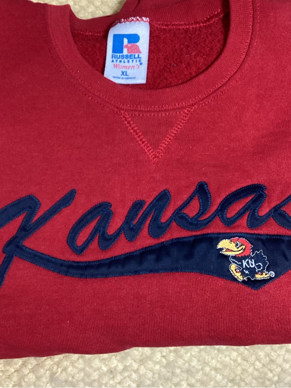 Russell Athletic Red Kansas Script Crewneck Sweatshirt with Navy & Yellow Patch